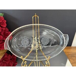 Vintage Oval W J Hughes Cornflower Etched Glass Serving Dish with‎ Handles